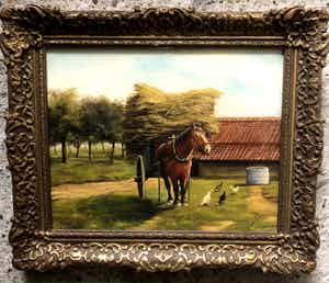 Niet of onleesbaar gesigneerd - Paard met kar hooi en kippen verkocht voor € 1!