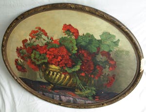 Buy Jeanette Slager - Olieverf op board, Geraniums in koperen pot – gesigneerd en ingelijst? Bid from 225!