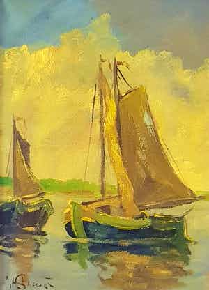 Niet of onleesbaar gesigneerd - zeilboten aan land. verkocht voor € 1!