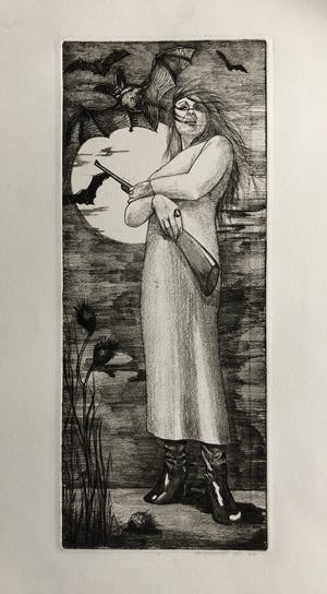 Ada Breedveld - Surrealistische ets vrouw met vleermuizen kopen? Bied vanaf 75!