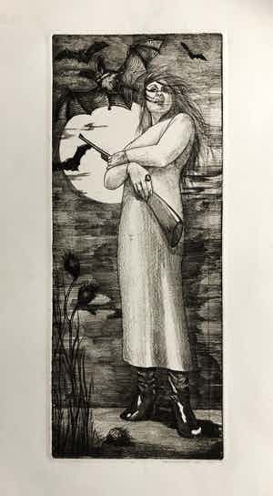 Ada Breedveld - Surrealistische ets vrouw met vleermuizen verkocht voor € 75!
