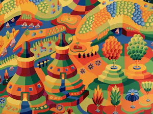 Louis Gans - Kleurrijk Fantasielandschap - zeefdruk kopen? Bied vanaf 60!