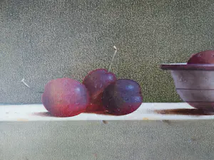 Leo Pors - Stilleven met Reine Victoria pruimen, schaaltje en zalfpotje kopen? Bied vanaf 1695!