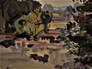 Hein Stork - GROTE impressionistische Gouache "Landschap Ruinen Drenthe" gesigneerd kopen? Bied vanaf 10!