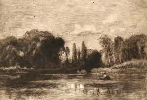 Julius J. van de Sande Bakhuyzen - Landschap met visser, handgesigneerde ets verkocht voor € 45!