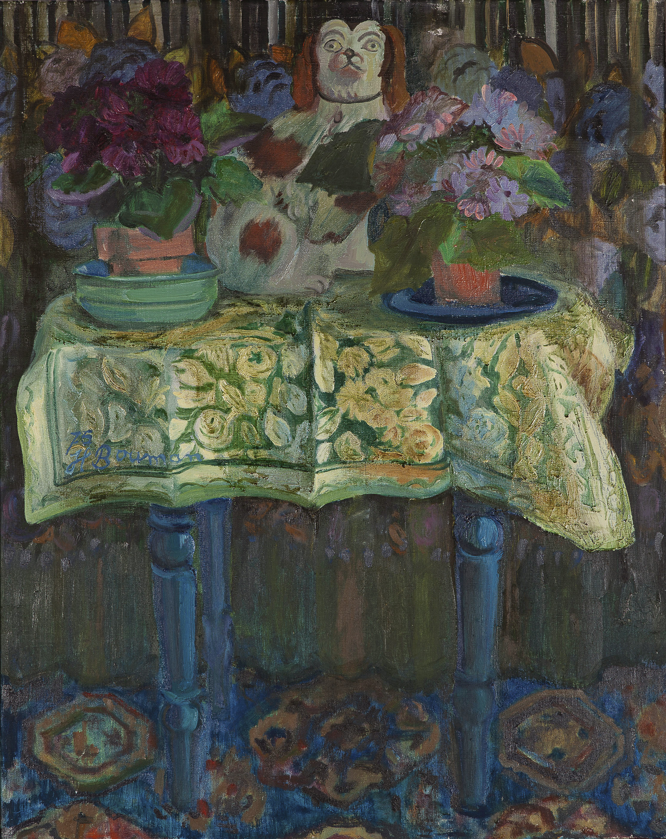 Hannie Bouman - Cinneraria's met Engels hondje - Olieverf op doek - 1975 - BKR Rotterdam verkocht voor € 15!