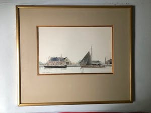 Ciano Siewert - Aangemeerde boten in een vaart - Aquarel, Ingelijst kopen? Bied vanaf 450!