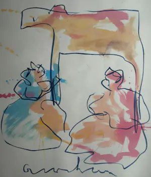 Anton Heyboer - Acryl en pastel , 2 Vrouwen & het Dier – 107 x 79 cm. kopen? Bied vanaf 150!