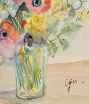 Marie Louise Ogier - Anemonen und Mimosen – großes, hochwertiges Ölgemälde kopen? Bied vanaf 150!
