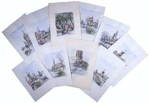 Jan van Delft - Lot, Diverse Aquarellen van Winterse Molens, Gebouwen, Boten en Personen kopen? Bied vanaf 1!