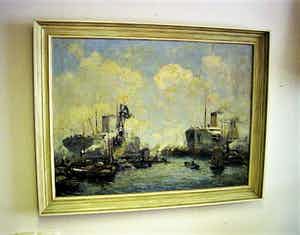 Jan Sirks - GROOT circa 1930 OLIEVERF schilderij "bedrijvigheid in Rotterdam Maashaven" verkocht voor € 180!