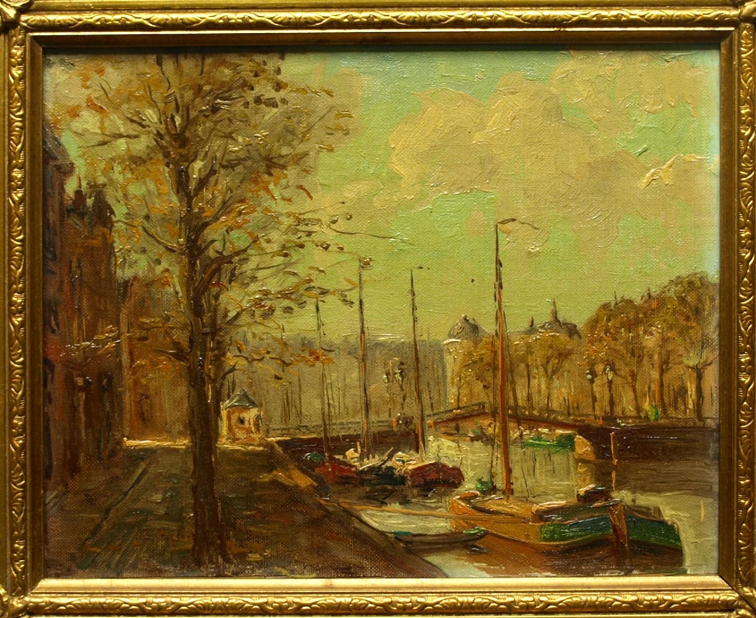 Niet of onleesbaar gesigneerd - Ingelijst, olieverf op doek op karton (marouflé), Stadsgezicht - 38 x 44 cm kopen? Bied vanaf 1!