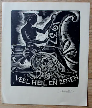 Jeanne Bieruma Oosting - Houtsnede Nieuwjaarswens: Veel heil en zegen - 1937 kopen? Bied vanaf 75!