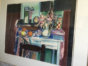 Tine van Diepen-Alderliefste - Stilleven op blauw tafeltje | Groot formaat kopen? Bied vanaf 100!