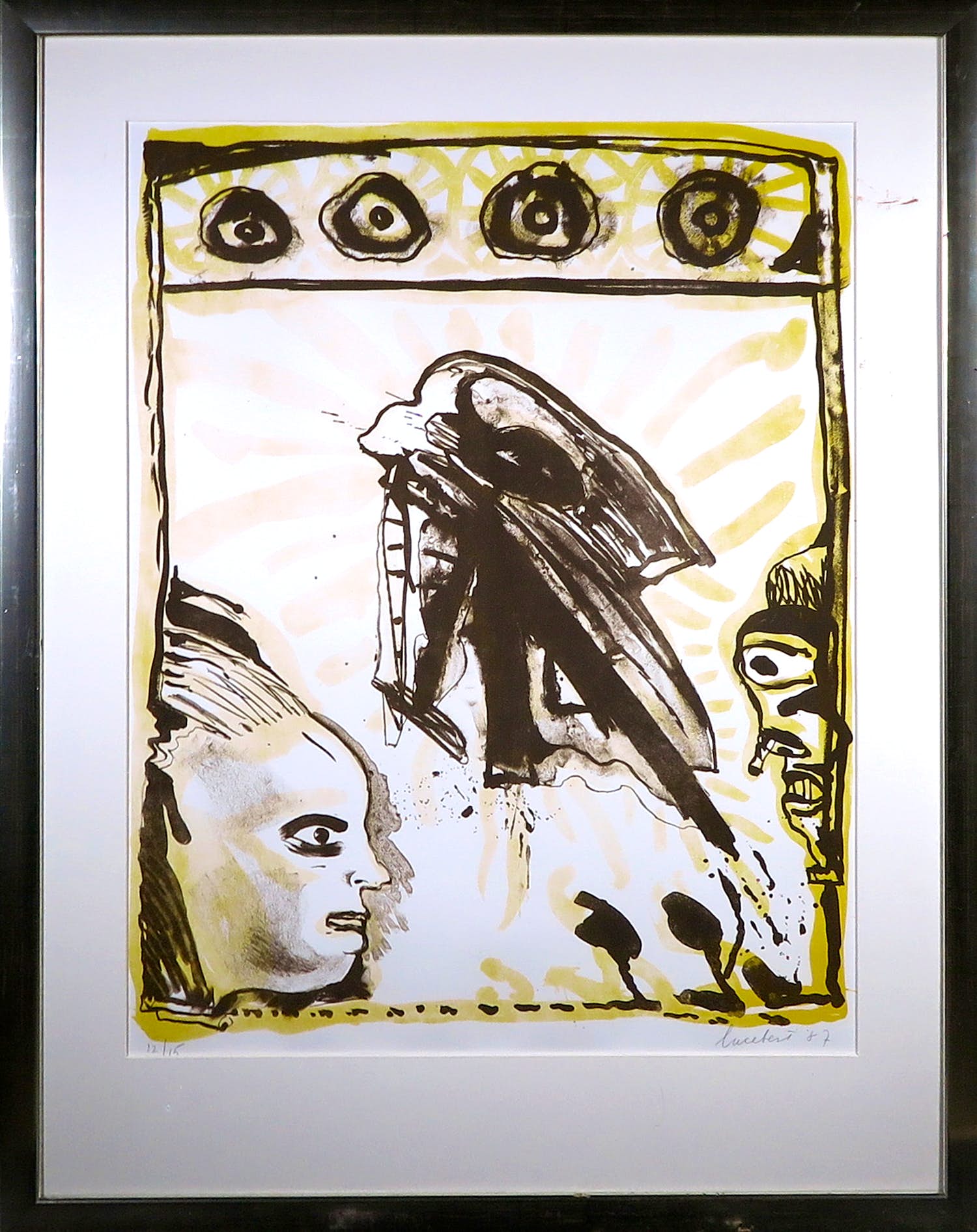 Lucebert - Zeefdruk, Voorstelling met 2 figuren - Ingelijst (Groot) verkocht voor € 180!