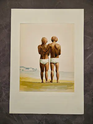 Har Sanders - een figuratieve aquarel van har Sanders zie je niet zo vaak - "aan het strand" kopen? Bied vanaf 58!