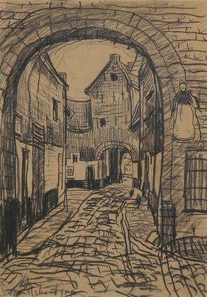 Suze Robertson - Krijttekening, Straatje in Zierikzee - Ingelijst kopen? Bied vanaf 350!