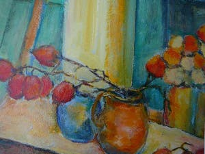 Niet of onleesbaar gesigneerd - Stilleven met lampionnetjes -olieverf op papier- kopen? Bied vanaf 10!