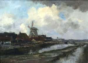 Willem G.F. Jansen - C3567 - Dorpsgezicht met molen langs de vaart verkocht voor € 1000!
