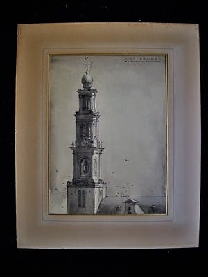 Piet Spijker - Mooie verstilde Gemengde Techniek voorstelling "Amsterdam Jordaan Westertoren" kopen? Bied vanaf 1!