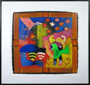 Clemens Briels - Zeefdruk en collage, Alagunas gente... - Ingelijst (Groot) verkocht voor € 100!