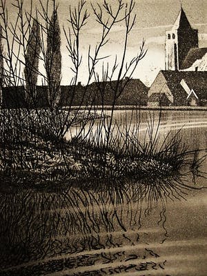 Arend Hendriks - Circa 1930 - verstilde droge naald Ets "Ochtend bij Ouderkerk a/d Amstel" kopen? Bied vanaf 30!