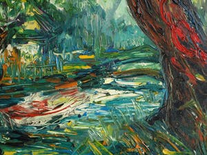 Hasan Djaafar - Ingelijst, olieverf op doek op board (marouflé), “Rode boom” – Groot - 93 x 73 kopen? Bied vanaf 300!