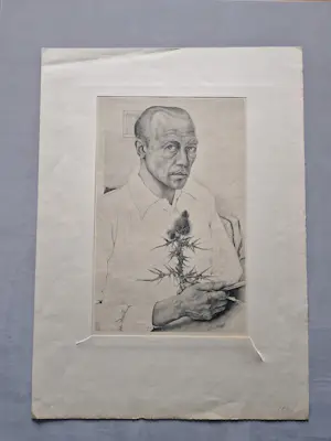 Henk Voskuyl - Grote monochrome Litho - zelfportret met distel - potloodgesigneerd kopen? Bied vanaf 30!