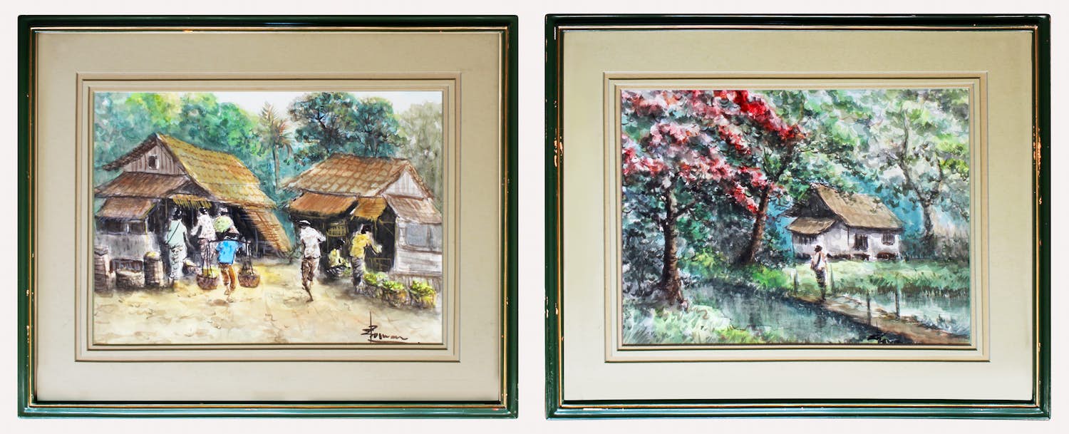 Niet of onleesbaar gesigneerd - 2 aquarellen - Bali - Indonesië verkocht voor € 1!