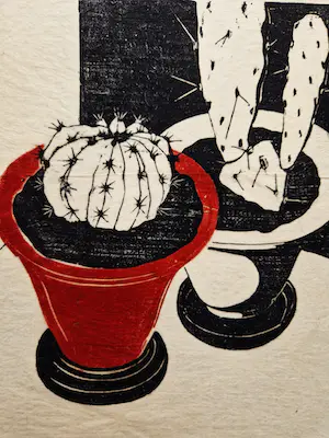 Jos van den Berg - Kubistische, omstreeks 1940 gemaakte handgekleurde houtsnede "cactus" kopen? Bied vanaf 38!