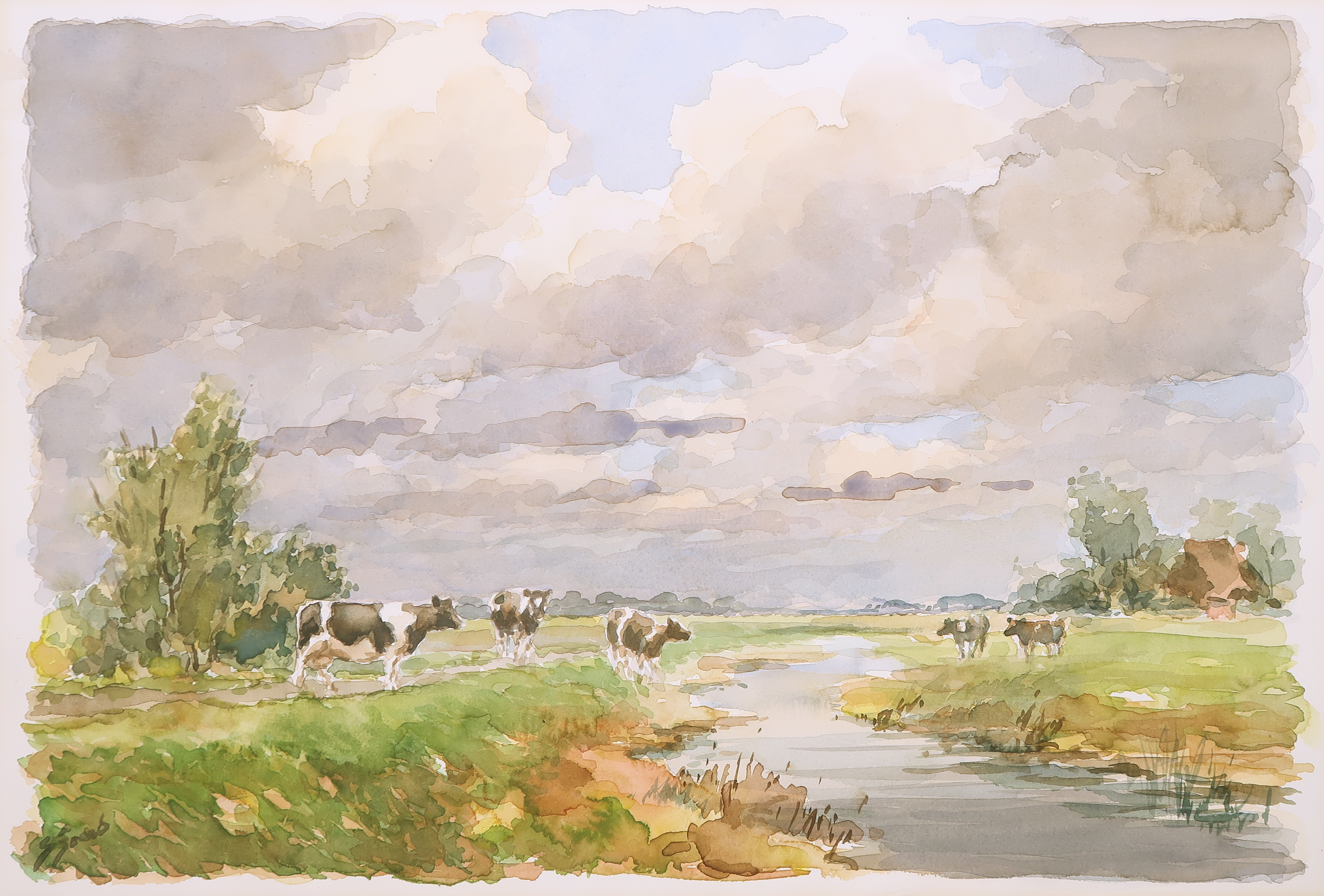 Niet of onleesbaar gesigneerd - Aquarel, Landschap met koeien verkocht voor € 1!