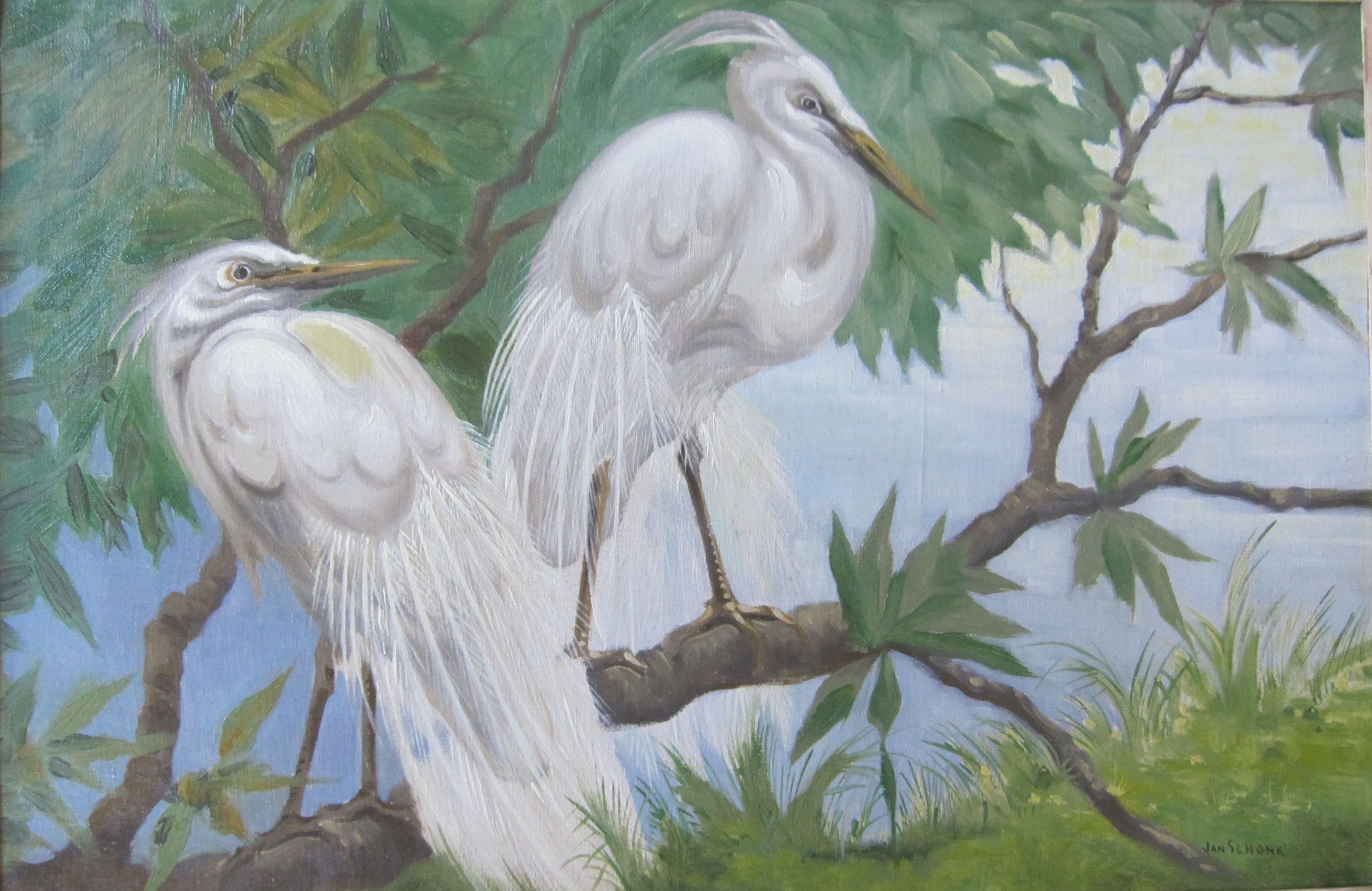 Jan Schonk - Zilverreigers in een boom verkocht voor € 300!