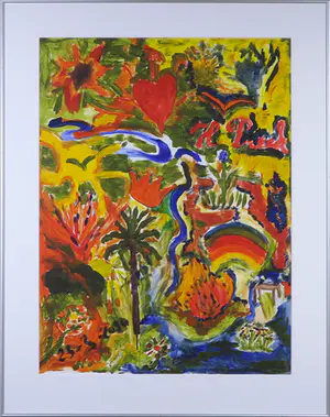AcheterNiet of onleesbaar gesigneerd - Acryl op papier, Abstracte compositie met hart en tekst - Ingelijst? Enchérissez de 1!