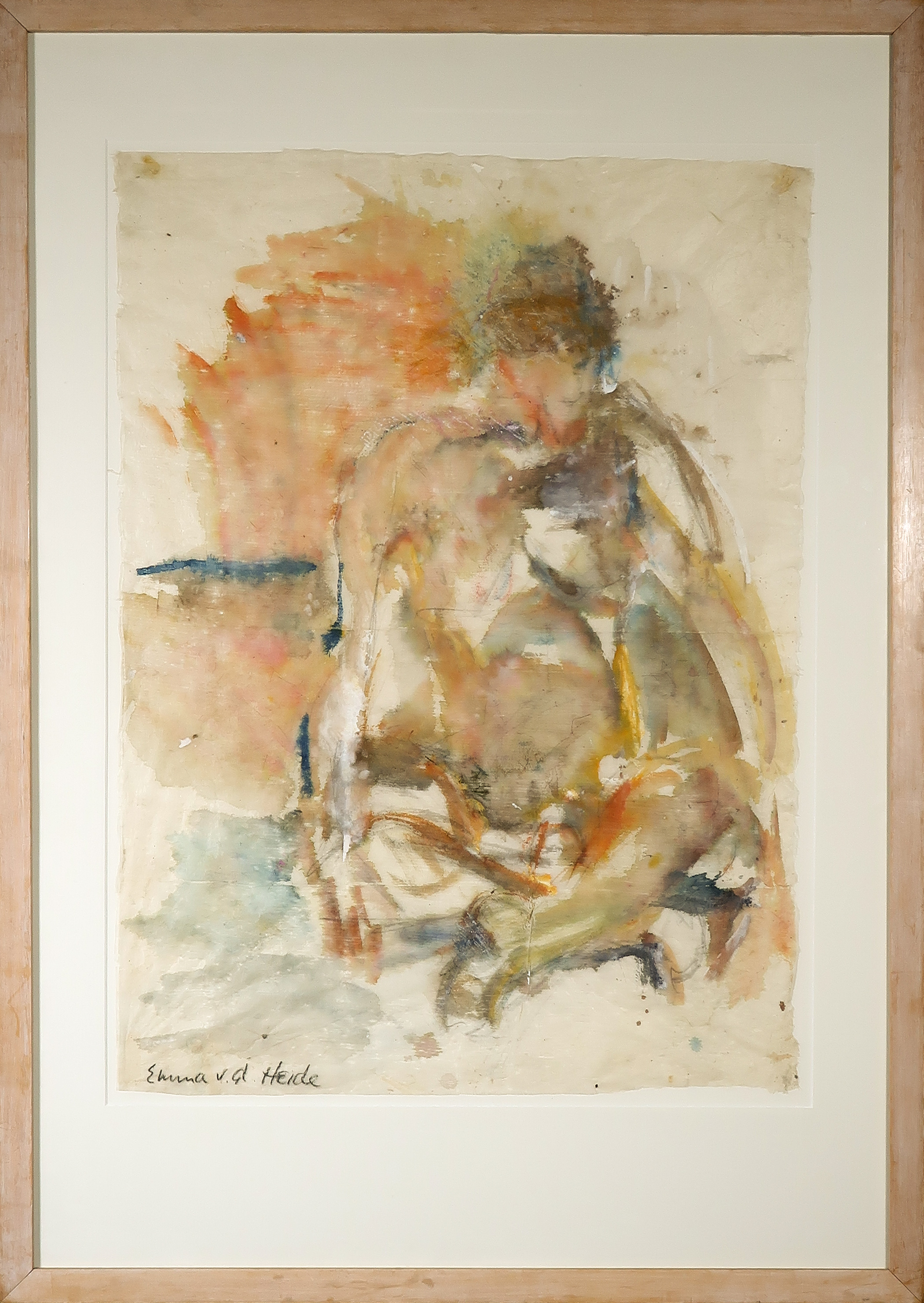 Emma van der Heide - Aquarel op Nepalees papier, Zittend naakt in lotushouding - Ingelijst kopen? Bied vanaf 60!