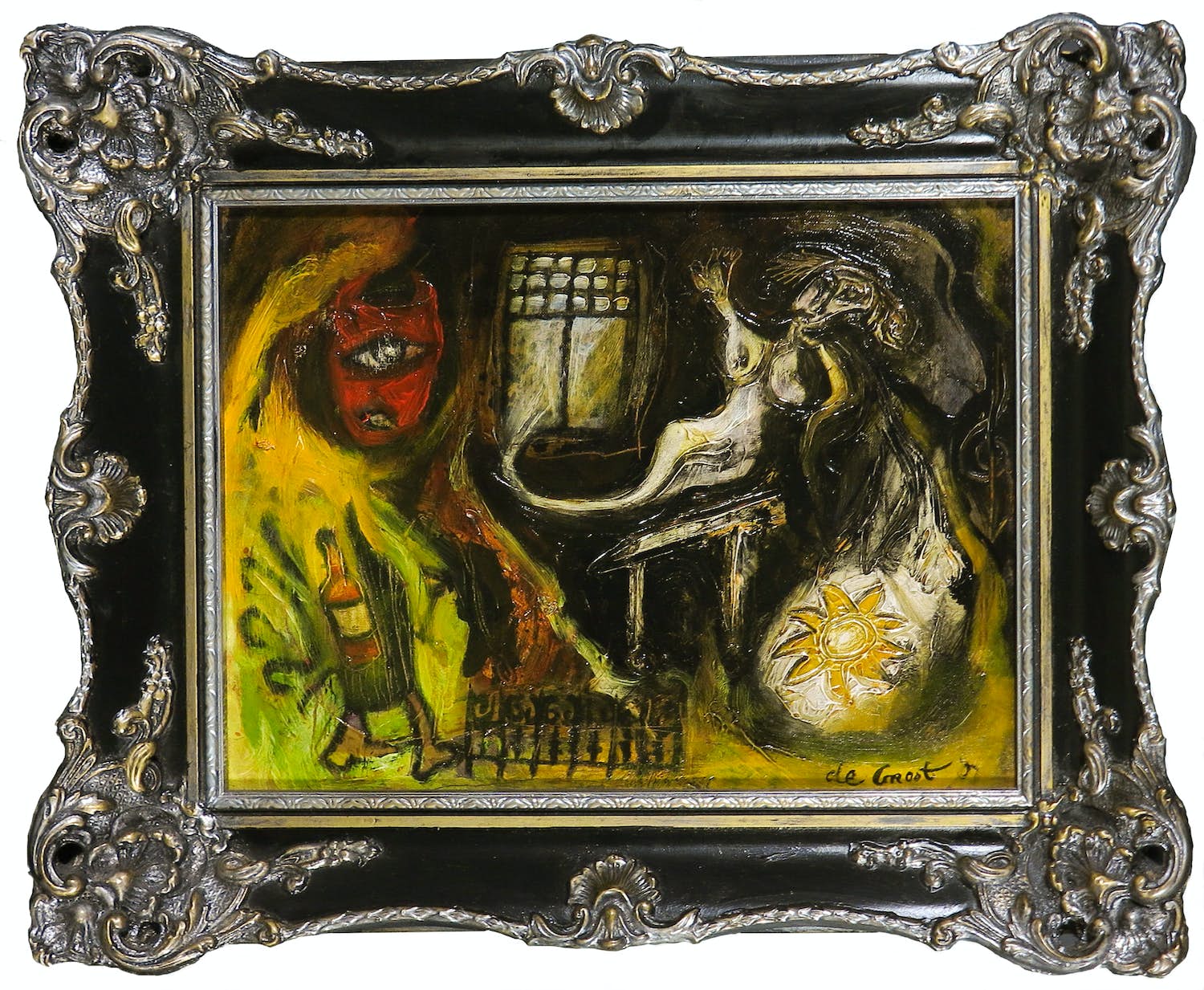 Marthijn de Groot - Acryl op doek, Vrouw uit het raam - Ingelijst verkocht voor € 1!