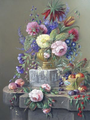 Buy Thomas Heesakkers - Mooi groot pronkstilleven van bloemen en fruit op paneel.? Bid from 595!