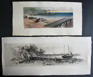 William Unger - 2 zeldzame handgesigneerde etsen (1x kleur) met strandgezichten/boten/kinderen verkauft für € 60!