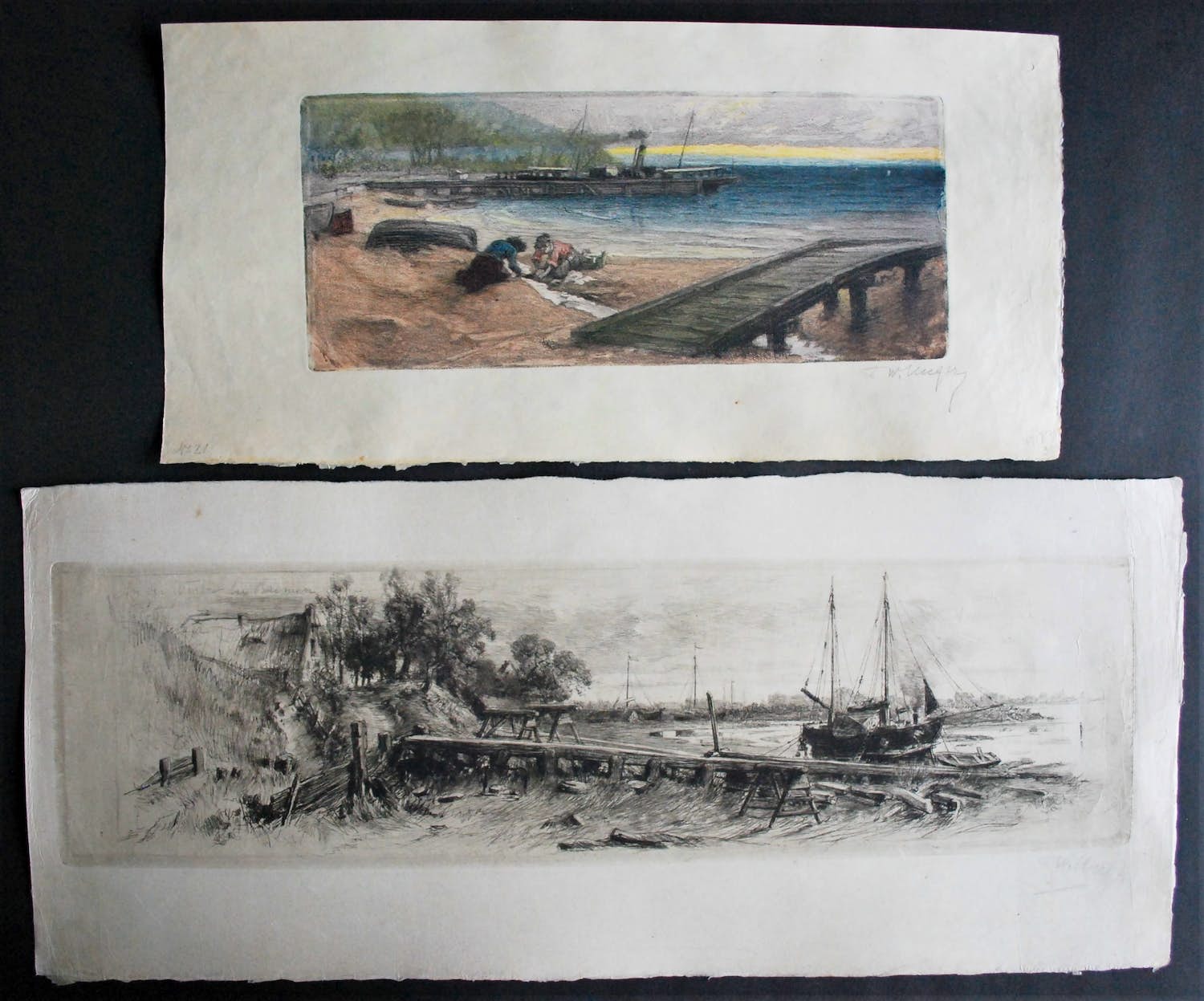 William Unger - 2 zeldzame handgesigneerde etsen (1x kleur) met strandgezichten/boten/kinderen verkocht voor € 60!