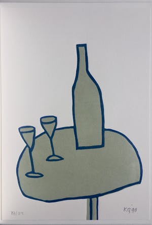 Klaas Gubbels - linosnede ‘Tafel met fles en glazen’ uit 1998 - oplage 125. kopen? Bied vanaf 175!