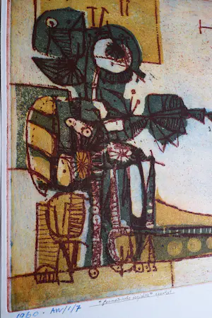 Hannes Postma - grote unica handgekleurde aquatint "mechanische projectie -1958 - gesigneerd kopen? Bied vanaf 46!