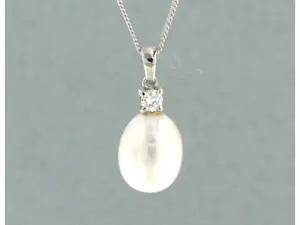 14k WIT gouden collier met hanger bezet met parel en briljant geslepen diamant kopen? Bied vanaf 170!