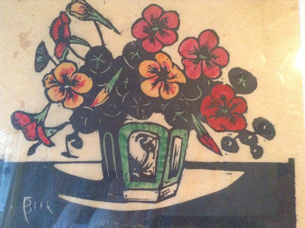 Jac. de Beer - Jac de Beer 1880-1946, Houtsnede/linosnede Bloemen in groene vaas 28x24 verkocht voor € 50!