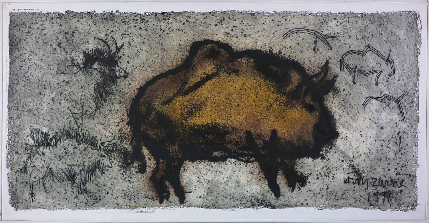 Wim Zurne - Zeefdruk op doek, Bison - Ingelijst (groot) verkocht voor € 70!