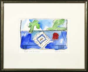 Anton Martineau - Aquarel en houtskool op papier, Tafel met landschap - Ingelijst verkocht voor € 50!