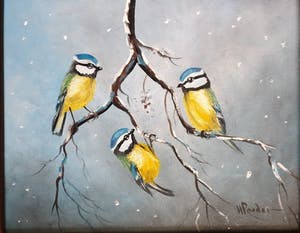 Henk Poeder - Drie kleine vogels in een winterse omgeving kopen? Bied vanaf 50!