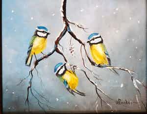 Henk Poeder - Drie kleine vogels in een winterse omgeving verkocht voor € 50!