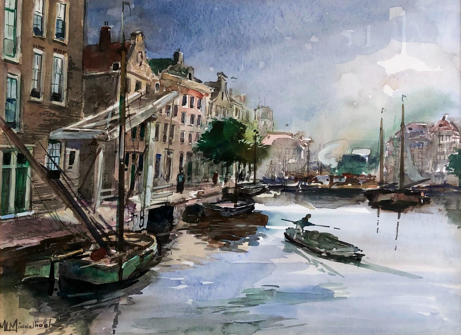 Martinus Leonardus Middelhoek - Martinus L. Middelhoek - Zicht op Rotterdam - Delftse Vaart – Laurenstoren verkocht voor € 120!