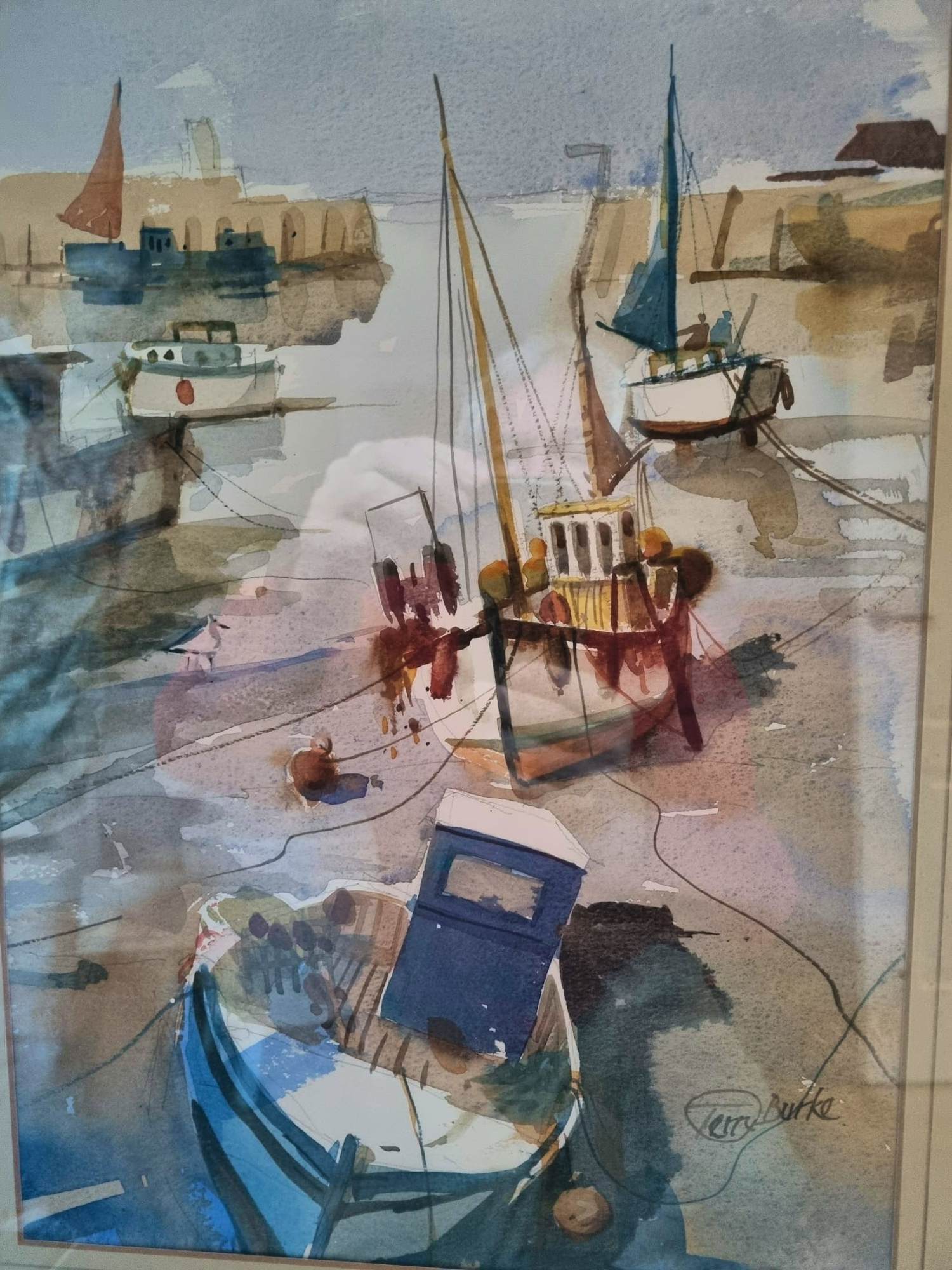 Terry Burke - Aquarel Haven Brixham Zuid Engeland met lijst kopen? Bied vanaf 30!