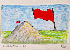 Pieter Holstein - in zeer kleine oplage (10) gemaakt handgekleurd Ets(je) "berg met vlag" verkauft für € 57!