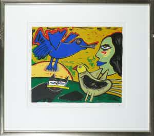 Corneille - Zeefdruk, Femme avec oiseau bleu - Ingelijst verkocht voor € 150!